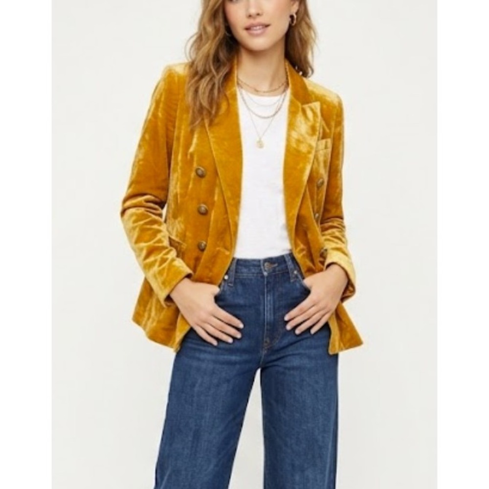Rachel Zoe Double Breasted Blazer Gold Crushed Velvet Crest Buttons, Lined Sz S